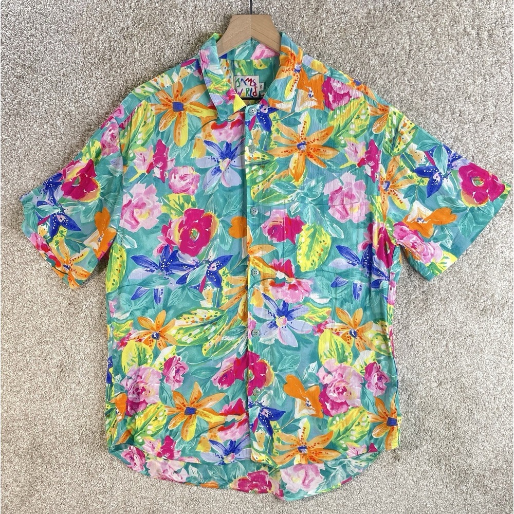 Vintage JAMS WORLD Hawaiian Shirt Mens M‎ Tiger lily floral print turquoise USA